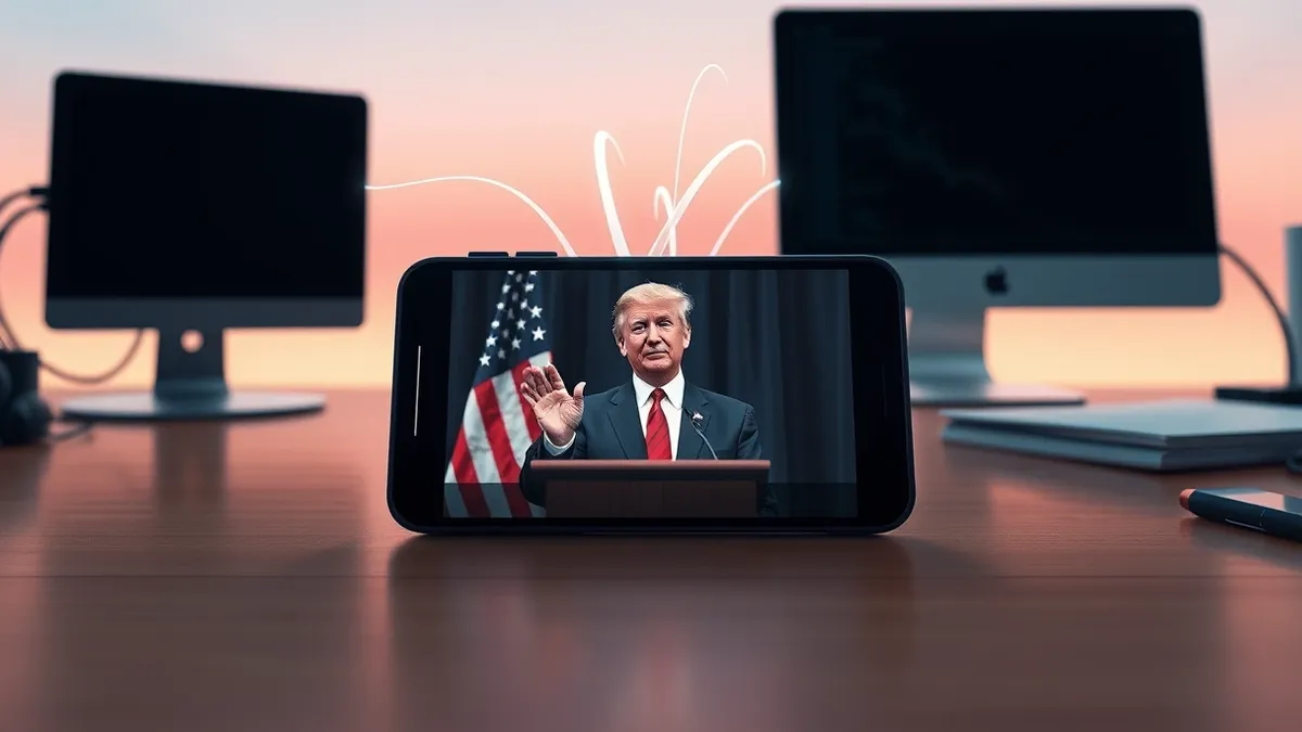 Illustration: A smartphone rests on a wooden desk, displaying a realistic synthetic video of a politician speaking.