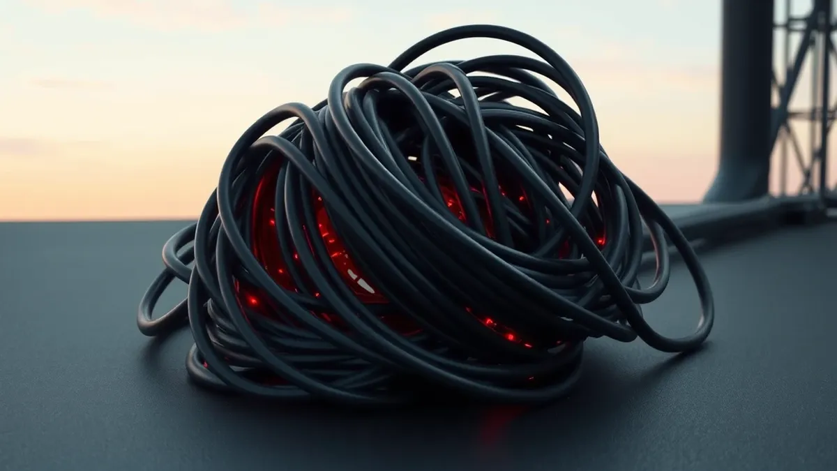 Illustration: A tangled knot of thick black fiber optic cables rests on a dark surface, with tiny red circuit boards embedded within the insulation like hidden parasites, glowing f