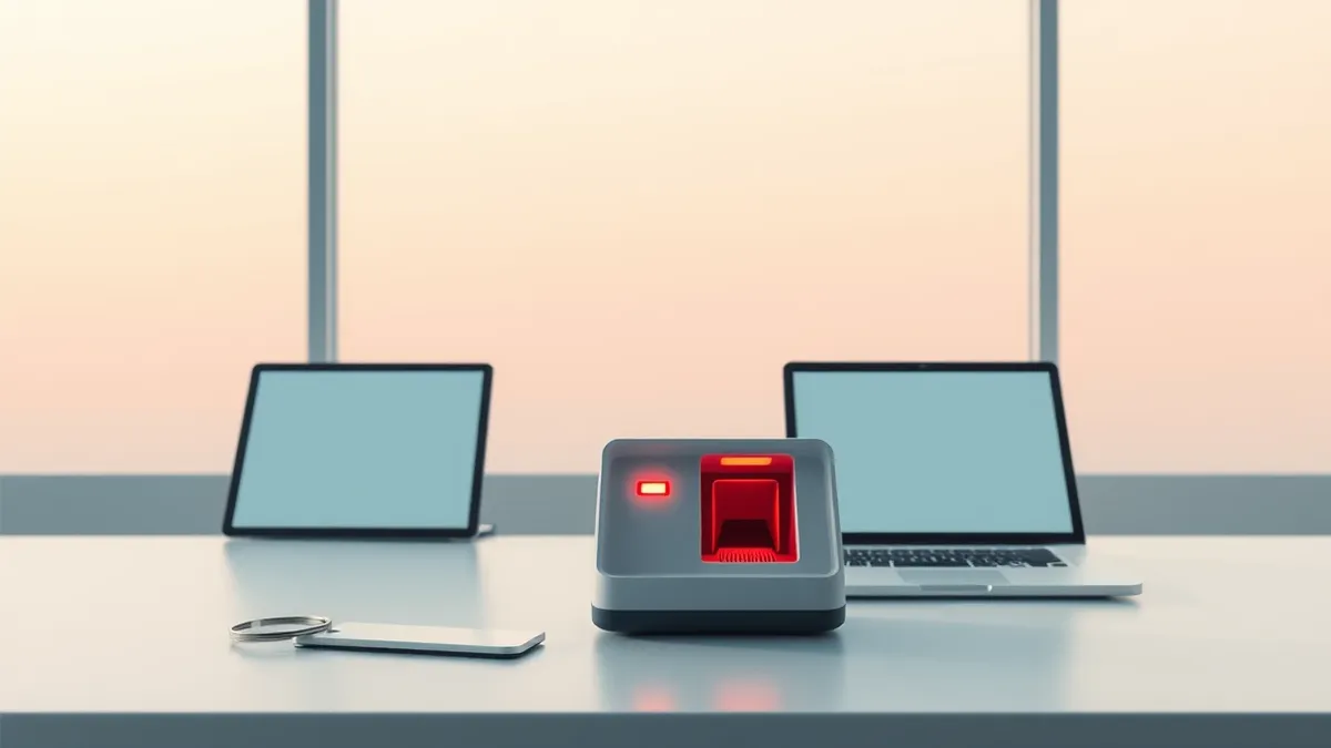 Illustration: A sleek metal keycard rests beside a small biometric fingerprint scanner on a sterile desk.