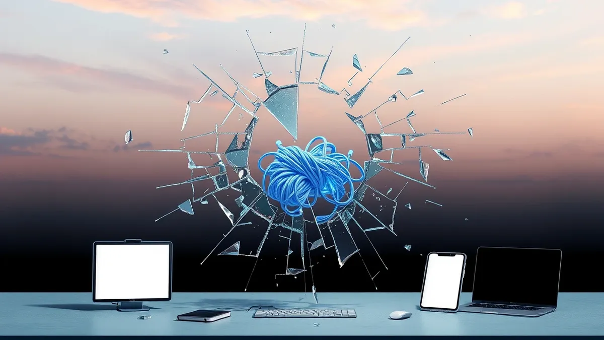 Illustration: A cracked glass shield shatters into sharp fragments, exposing a tangled knot of glowing blue electrical wires beneath.