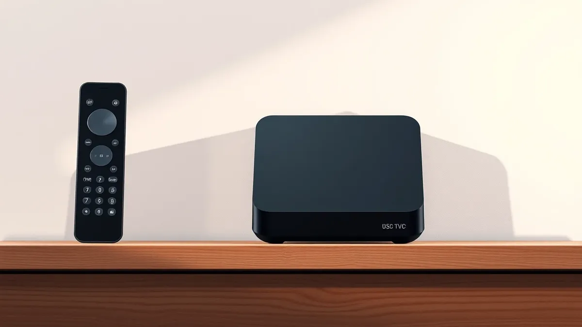 Illustration: A black square streaming media player sits on a wooden shelf next to a remote control with a circular top button.
