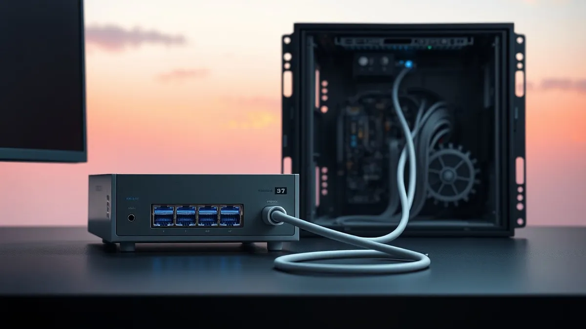 Illustration: A sleek silver network switch sits on a dark desk, its Ethernet ports glowing with faint blue light.