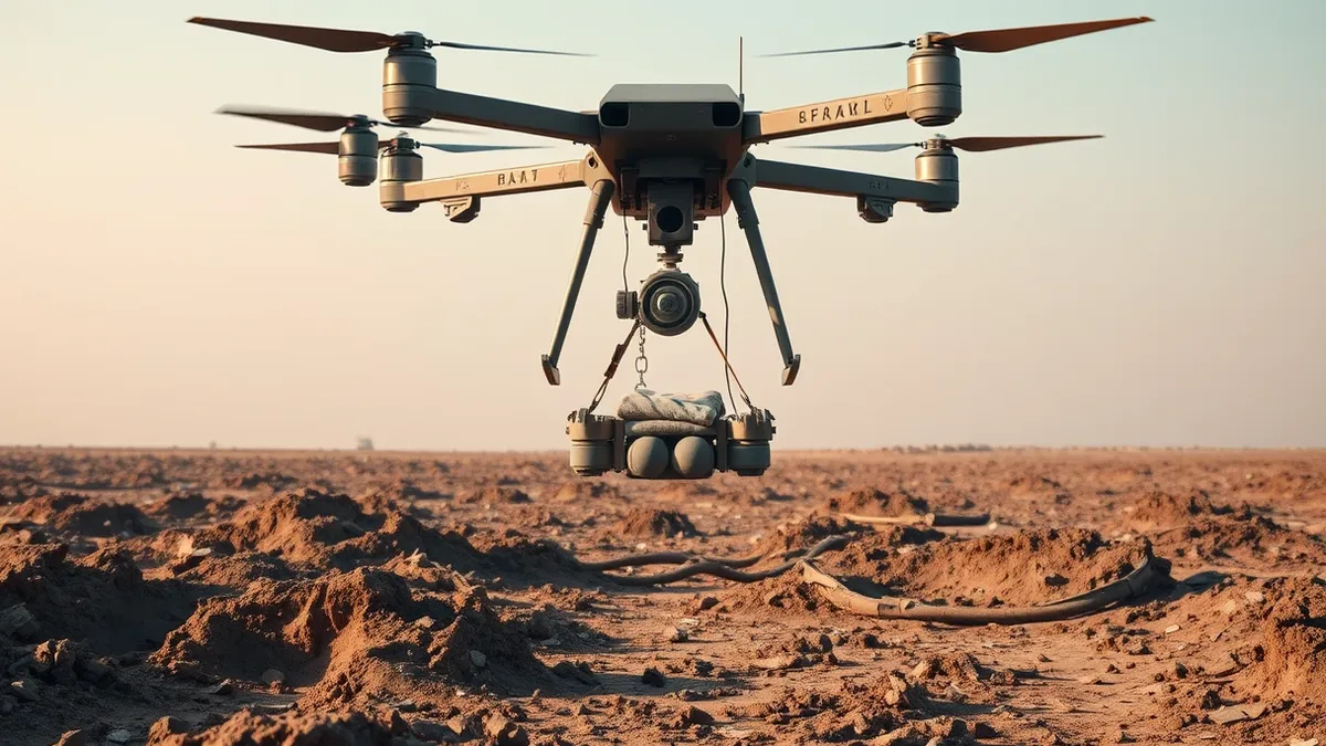 Illustration: A heavy six-rotor drone hovers just above a scarred, muddy battlefield littered with disturbed earth and debris.
