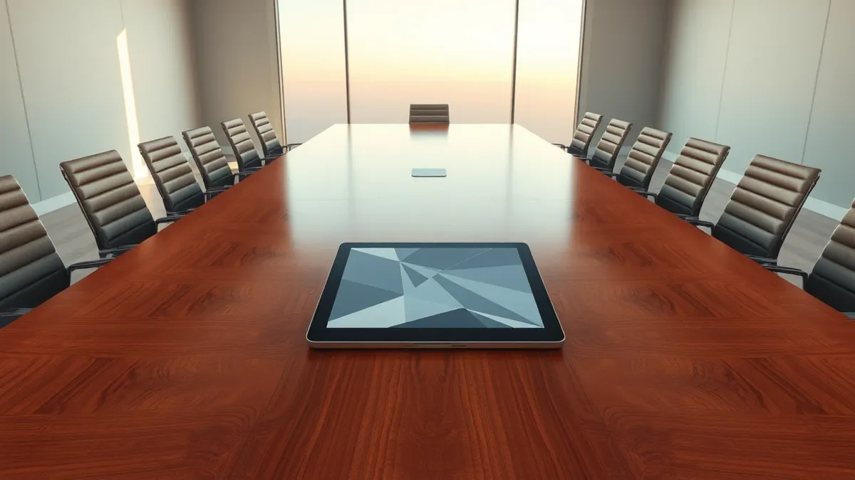 Illustration: A polished wooden boardroom table dominates a spacious room.