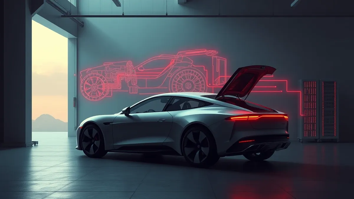 Illustration: A sleek autonomous vehicle sits in a dim garage while a digital wireframe ghost of its chassis fades into the air.