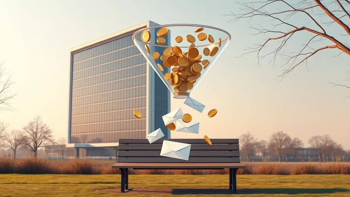 Illustration: A sleek modern office building stands in the background while a transparent digital funnel hovers in the foreground, converting floating golden coins into blank white