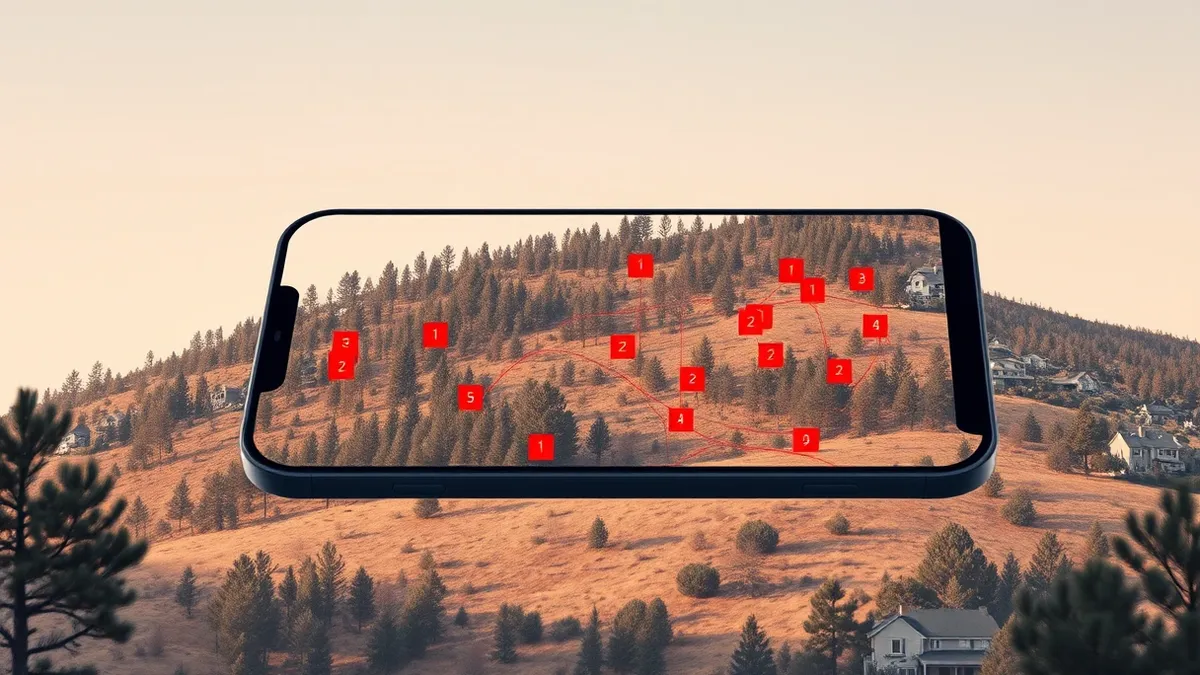 Illustration: A sleek smartphone displays a detailed three-dimensional digital map of a dry hillside covered in dense pine trees.