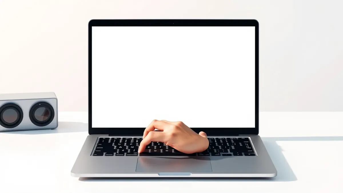 Illustration: A clean white desk holds a modern laptop displaying blank code editor windows.