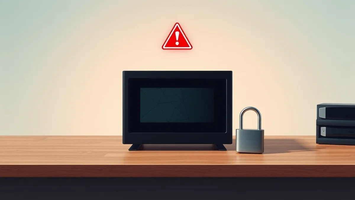 Illustration: A sleek black network security appliance sits on a wooden desk.