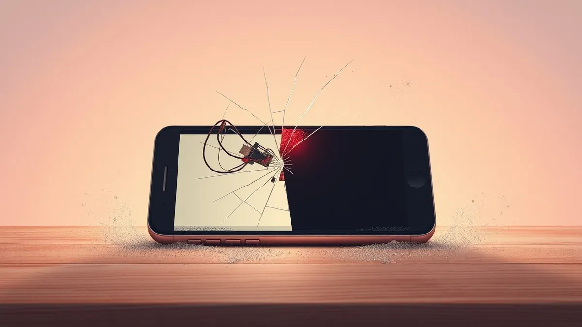 Illustration: A cracked glass smartphone screen sits on a wooden desk.