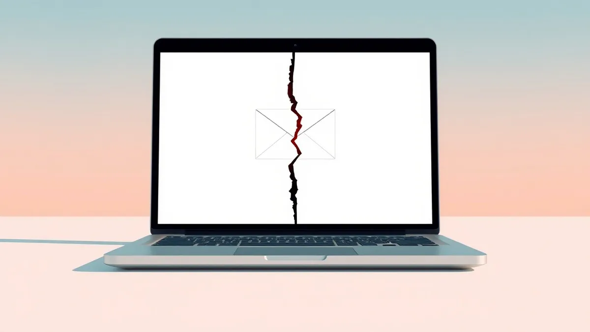 Illustration: An open laptop screen displays a blank email interface with a subtle, jagged glitch tearing through the center.