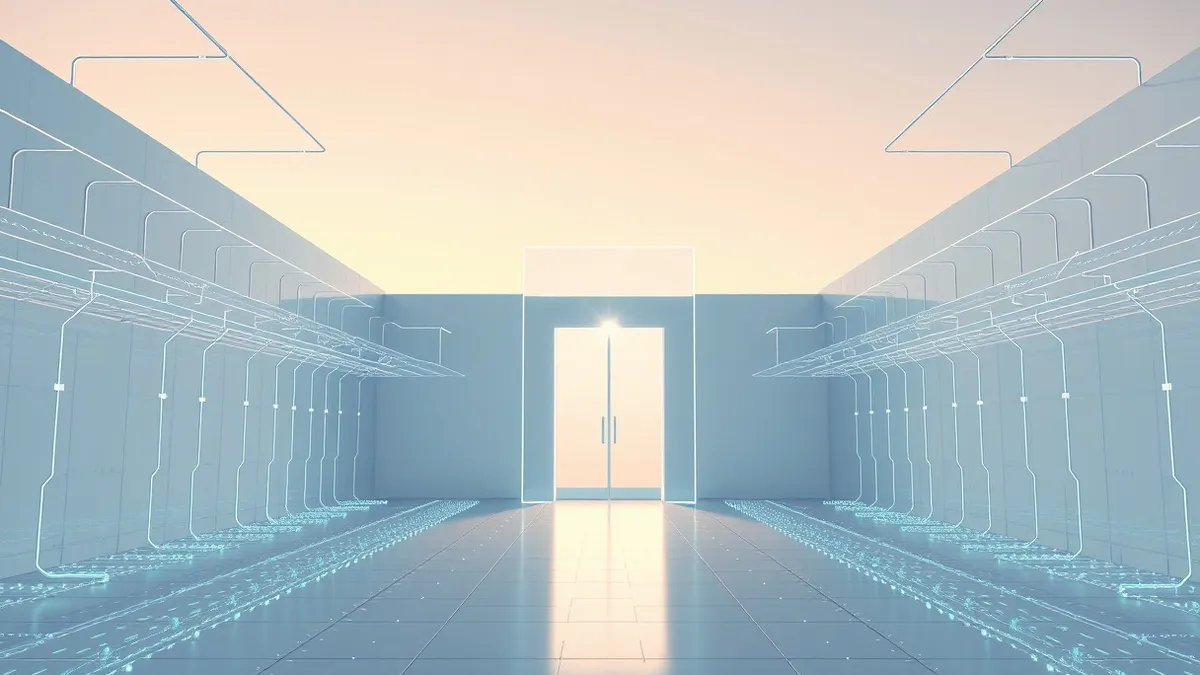 Illustration: A digital maze of glowing pathways converges on a central access gate.