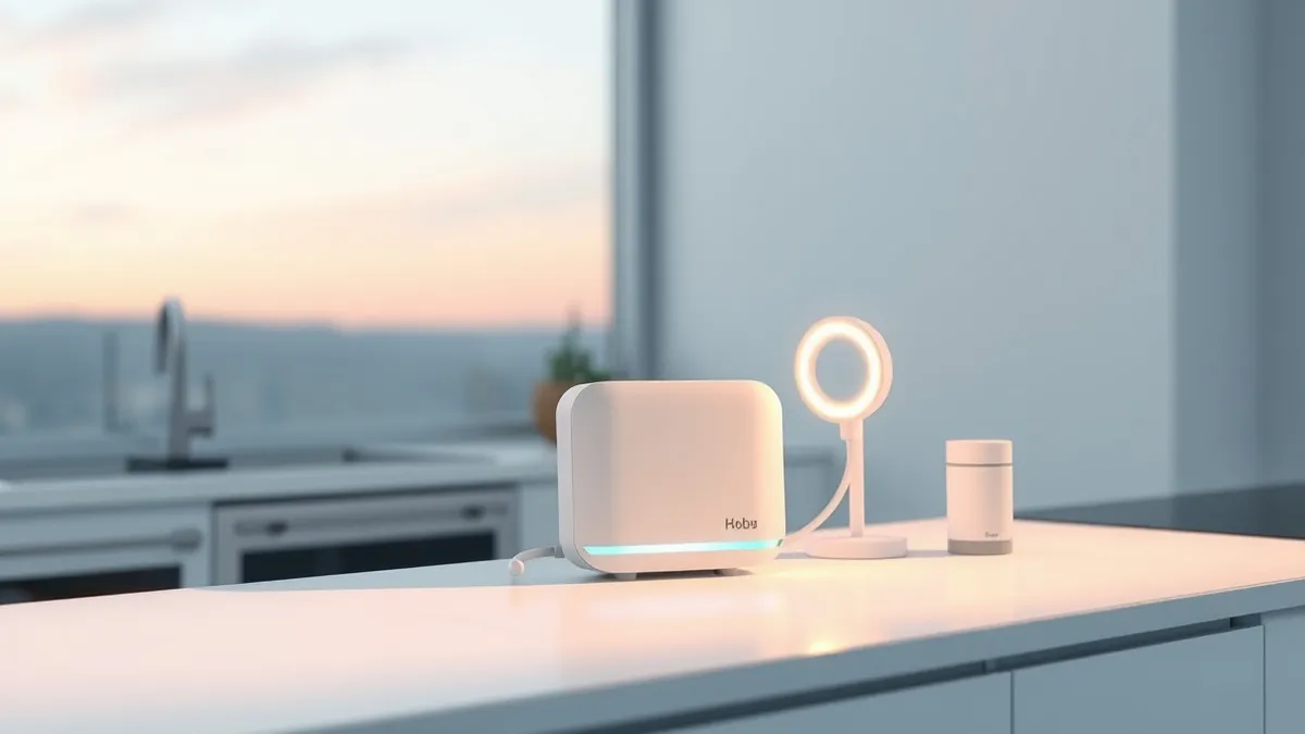 Illustration: A sleek white smart home hub sits on a modern kitchen countertop, connected by a thin cable to a minimalist motion sensor.