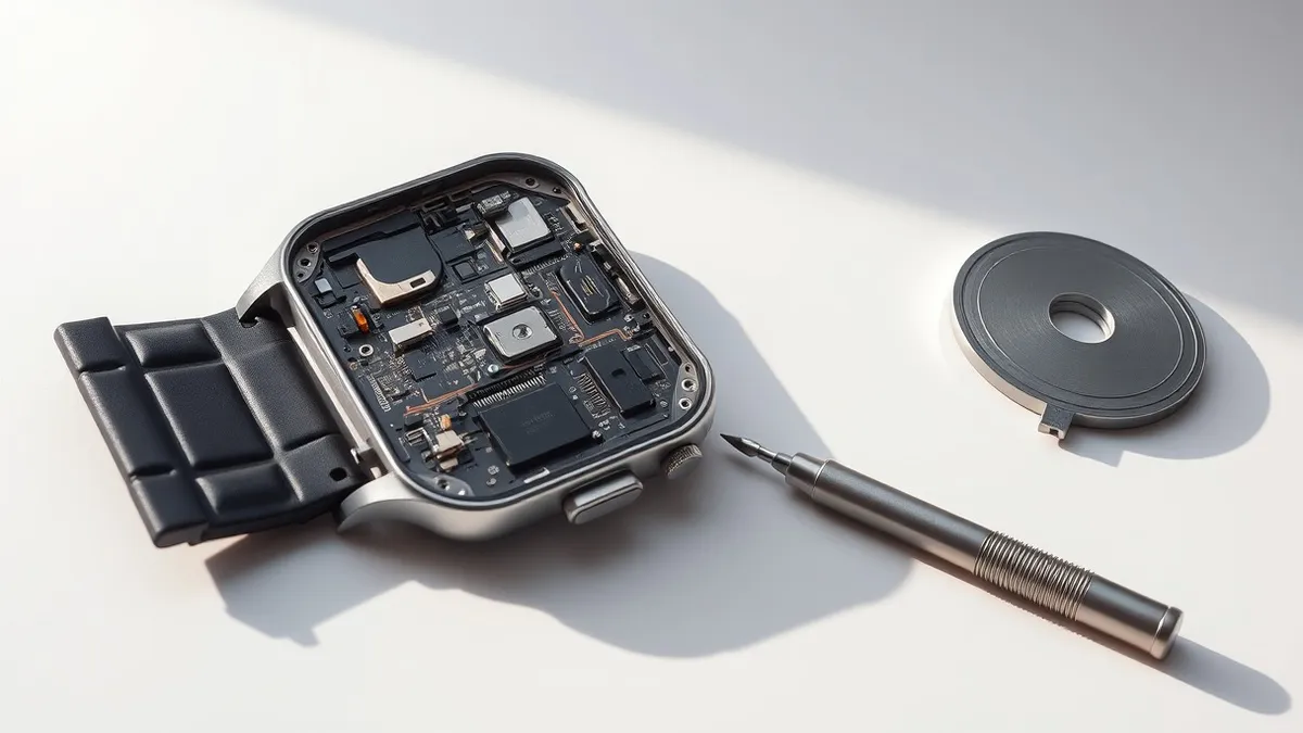 Illustration: A disassembled smartwatch rests on a clean white workbench.