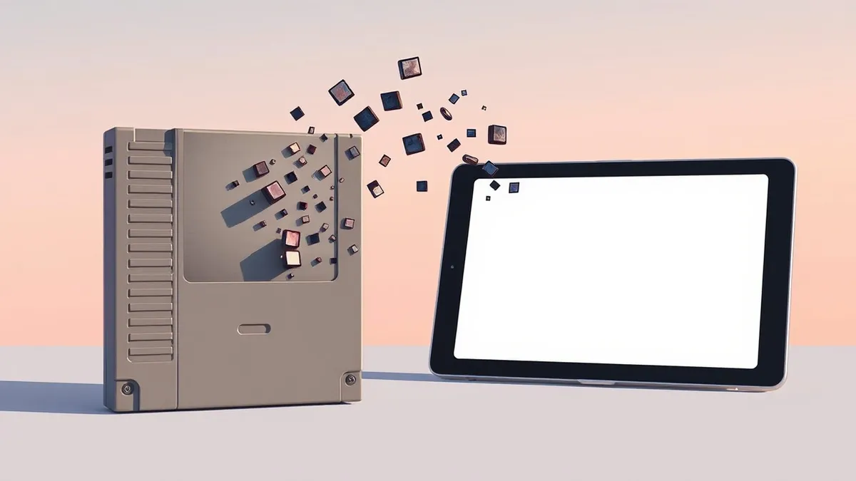Illustration: A vintage gray game cartridge sits beside a modern tablet displaying a blank screen.