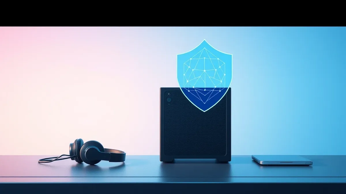 Illustration: A sleek security server sits on a metal desk beside a pair of wireless headphones.