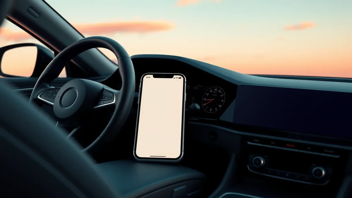Illustration: A smartphone rests on a sleek car dashboard, its screen displaying a minimalist dashboard interface with a single, clear cellular signal icon in the top corner.