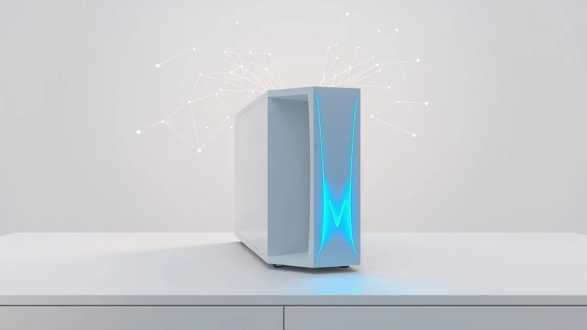 Illustration: A sleek white server unit sits on a clean white desk with a bright blue light pulsing rapidly on its front panel.