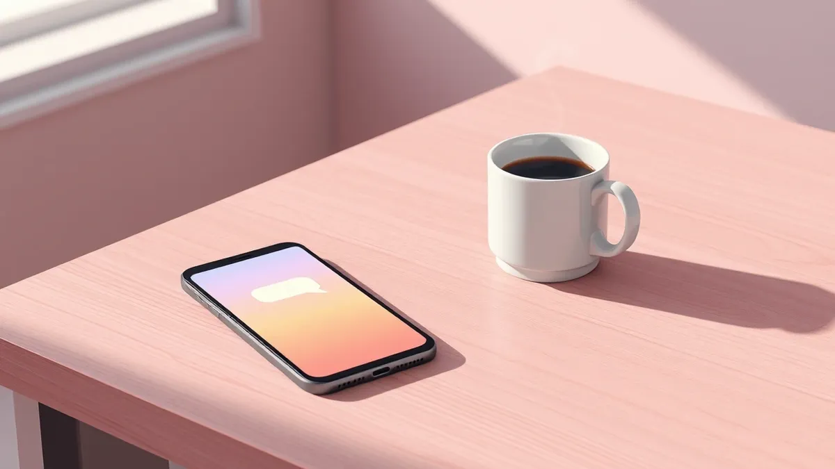Illustration: A sleek smartphone rests on a clean wooden kitchen table next to a steaming mug of coffee.