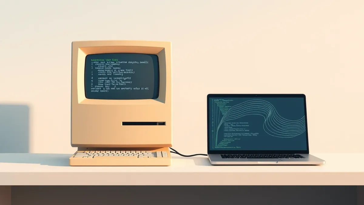 Illustration: A vintage beige desktop computer sits beside a sleek modern laptop on a clean desk.