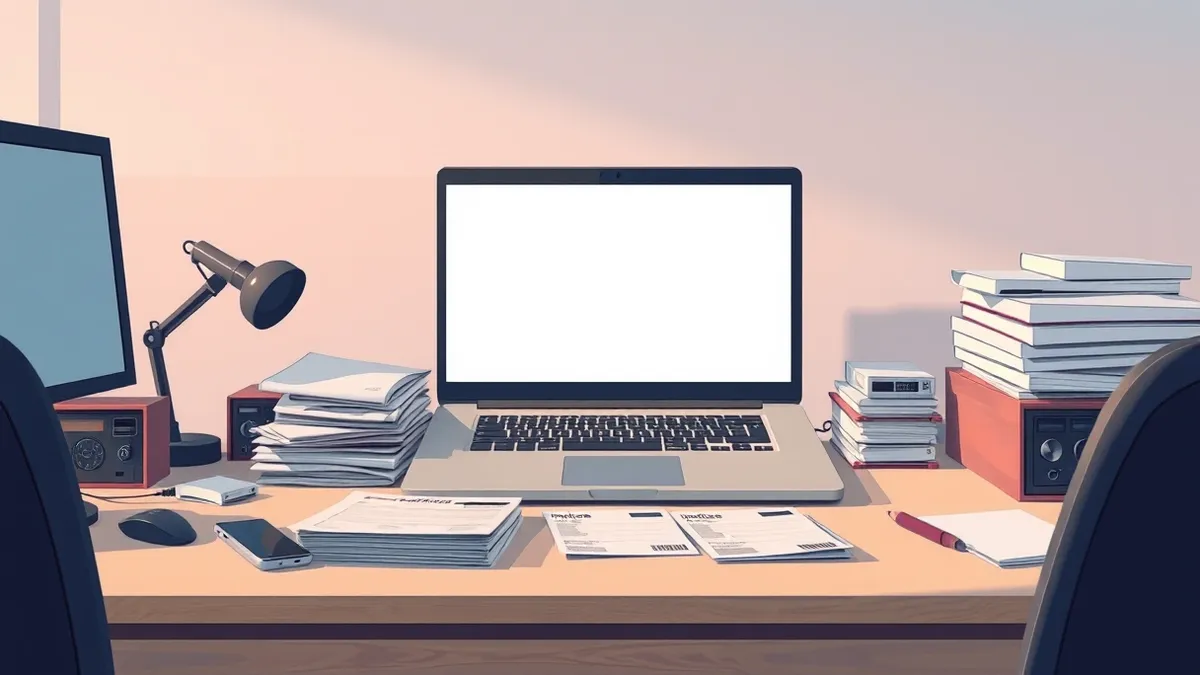Illustration: A cluttered office desk holds a single laptop with a blank screen.