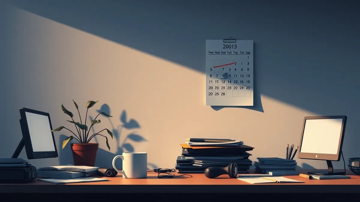 Illustration: A cluttered office desk sits in dim light with a steaming mug and an abandoned headset.