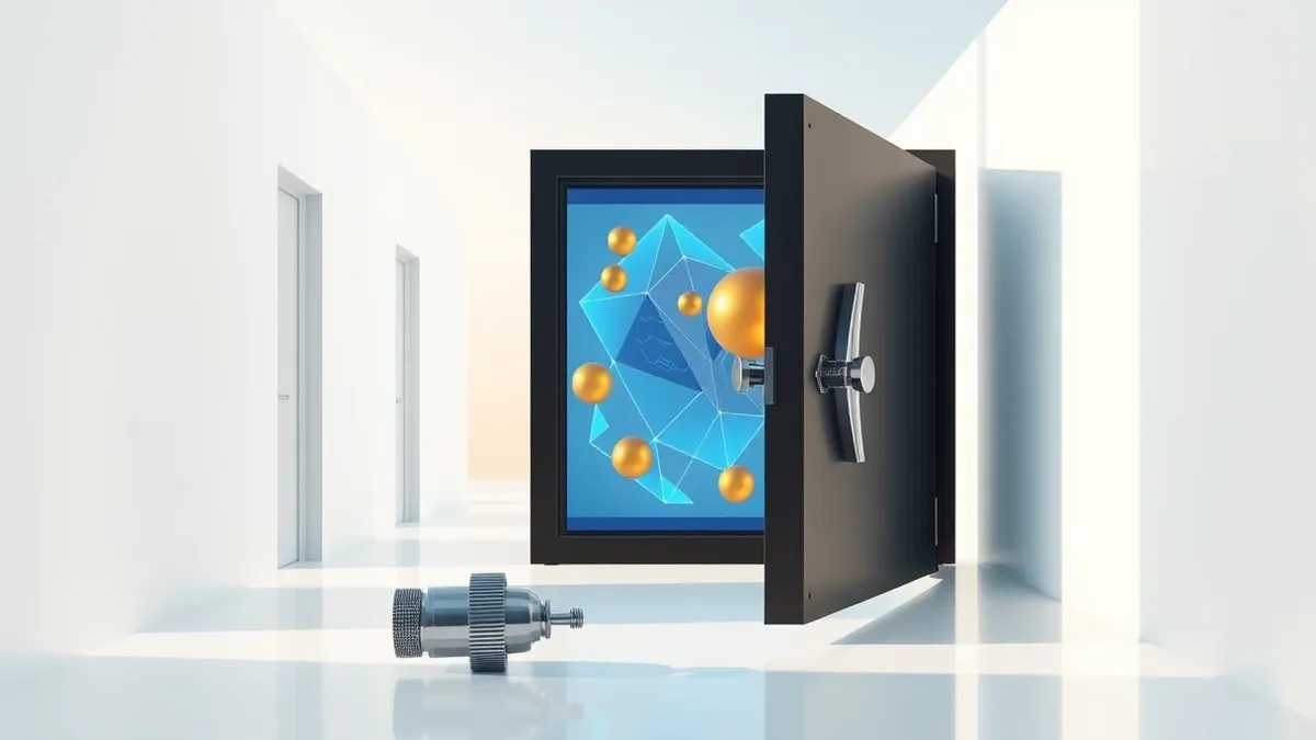 Illustration: A sleek black vault door stands slightly ajar in a sterile white corridor.