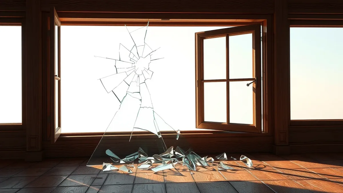 Illustration: A cracked, transparent glass window pane hangs askew on a rustic wooden windowsill.
