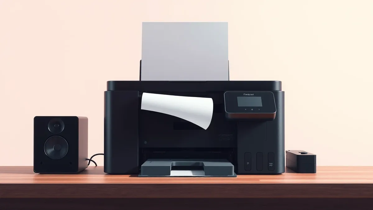 Illustration: A black laser printer sits on a wooden desk, its paper output tray extended.