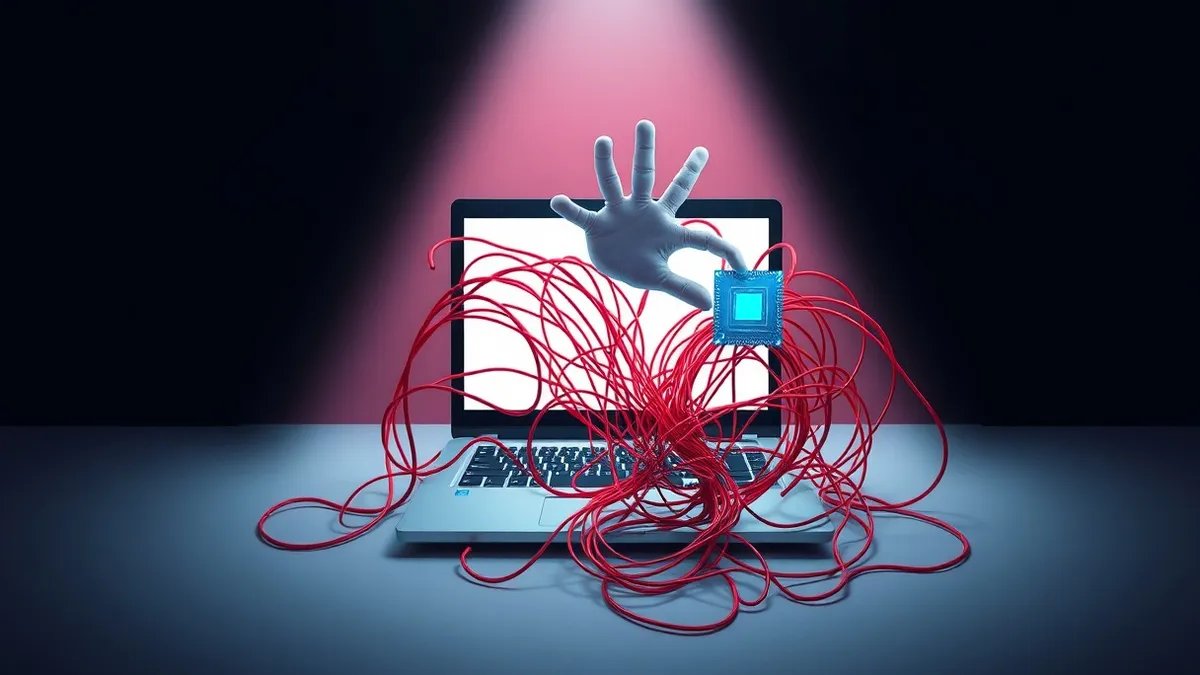 Illustration: A tangled nest of red wires spills from an open laptop keyboard, connecting to a blank hard drive.