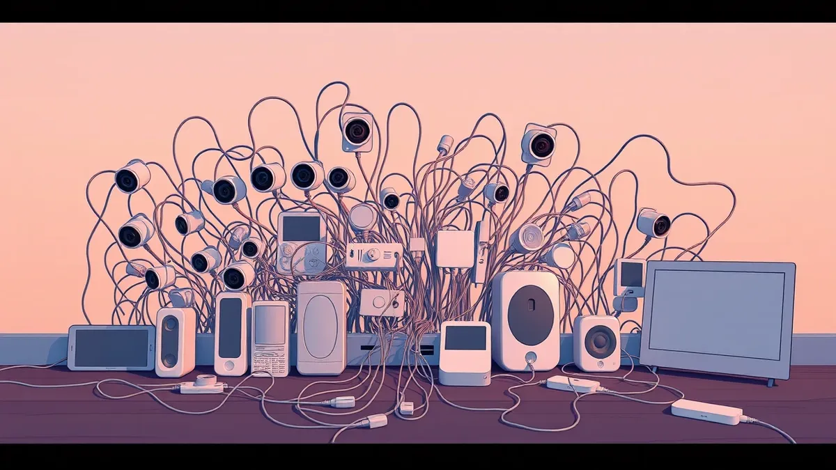 Illustration: A dense cluster of smart home devices, including cameras and speakers, sits plugged into a power strip.