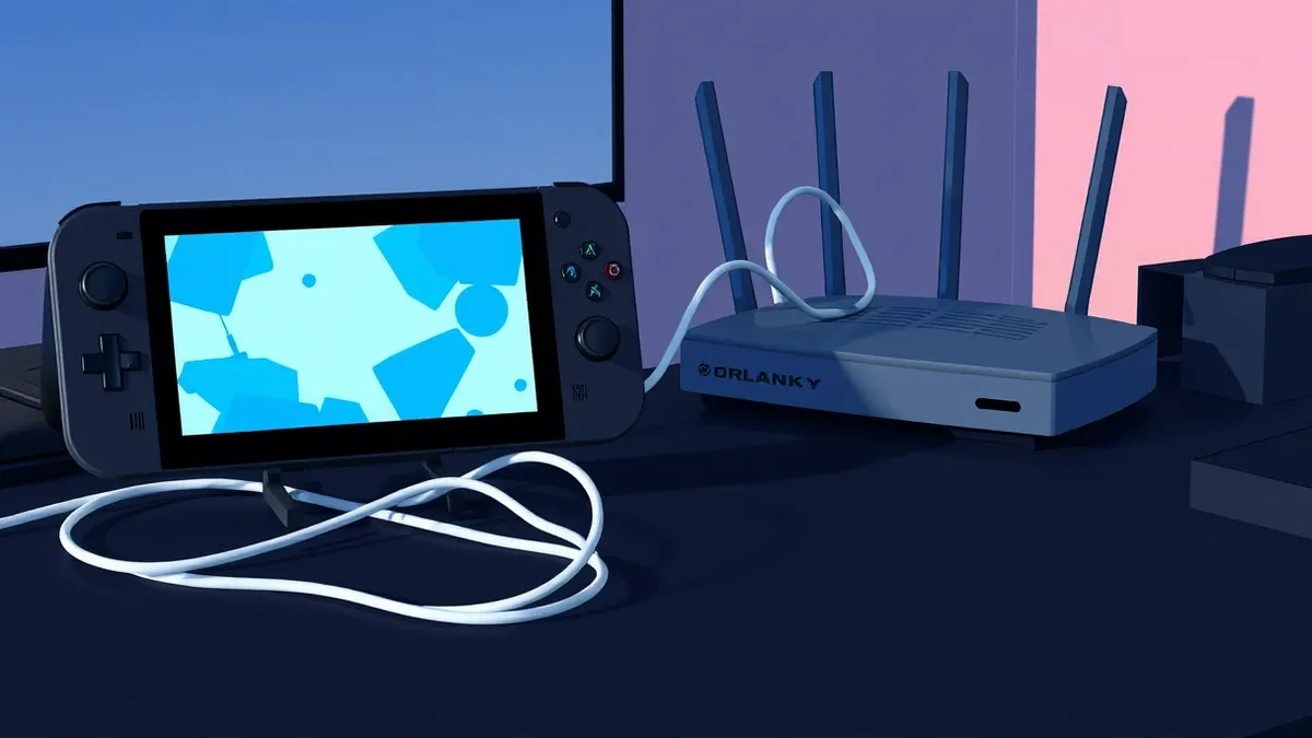 Illustration: A black game console sits on a dark desk, its surface displaying a blank screen reflecting abstract blue shapes.