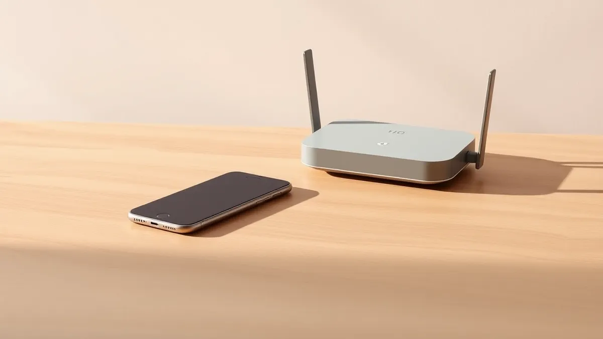 Illustration: A sleek smartphone rests beside a compact wireless router on a clean wooden surface.