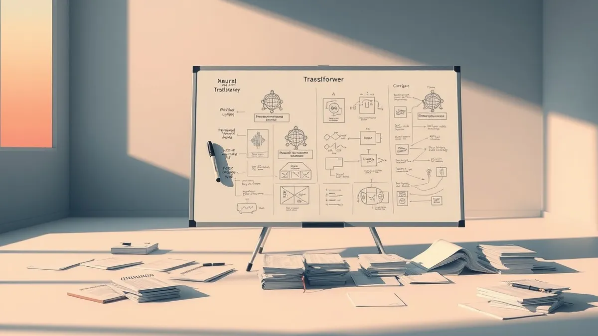Illustration: A sleek whiteboard stands in a dim studio, covered in intricate diagrams of neural network layers and transformer architectures.