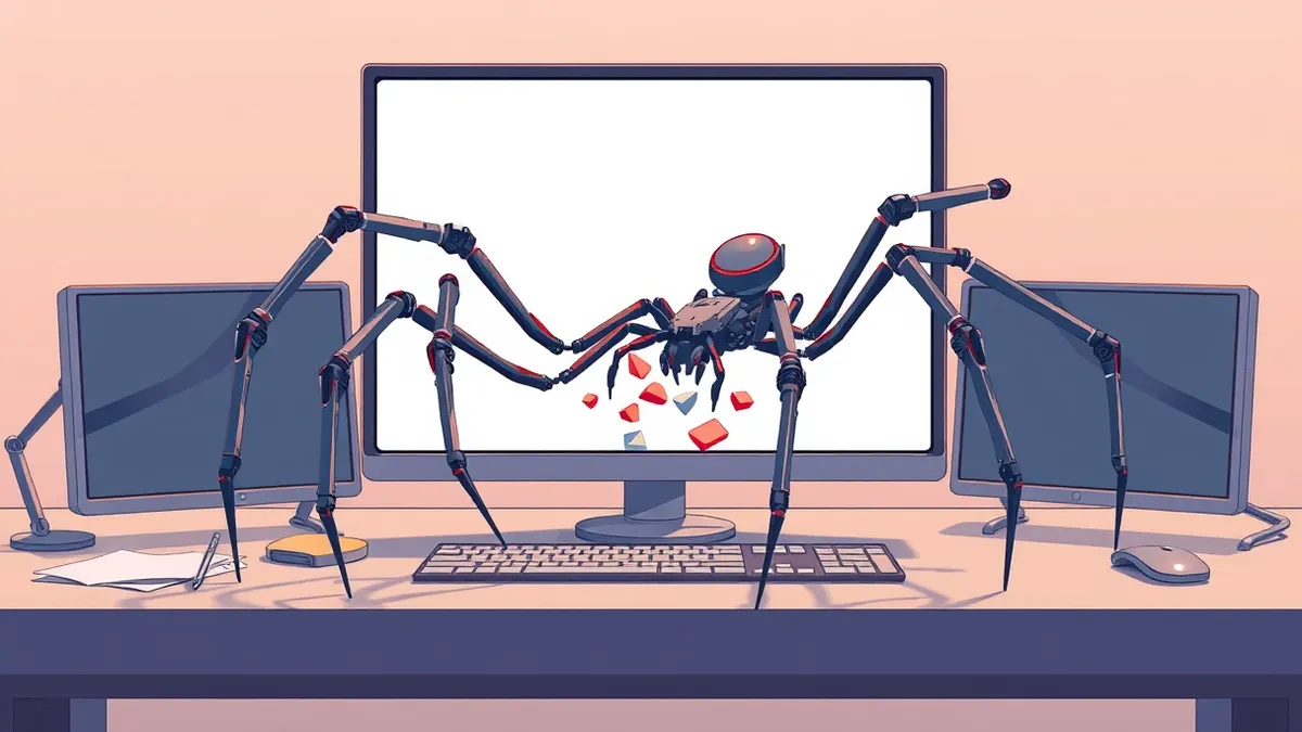 Illustration: A blank website layout sits on a monitor screen while a large mechanical spider crawls over the desk surface.