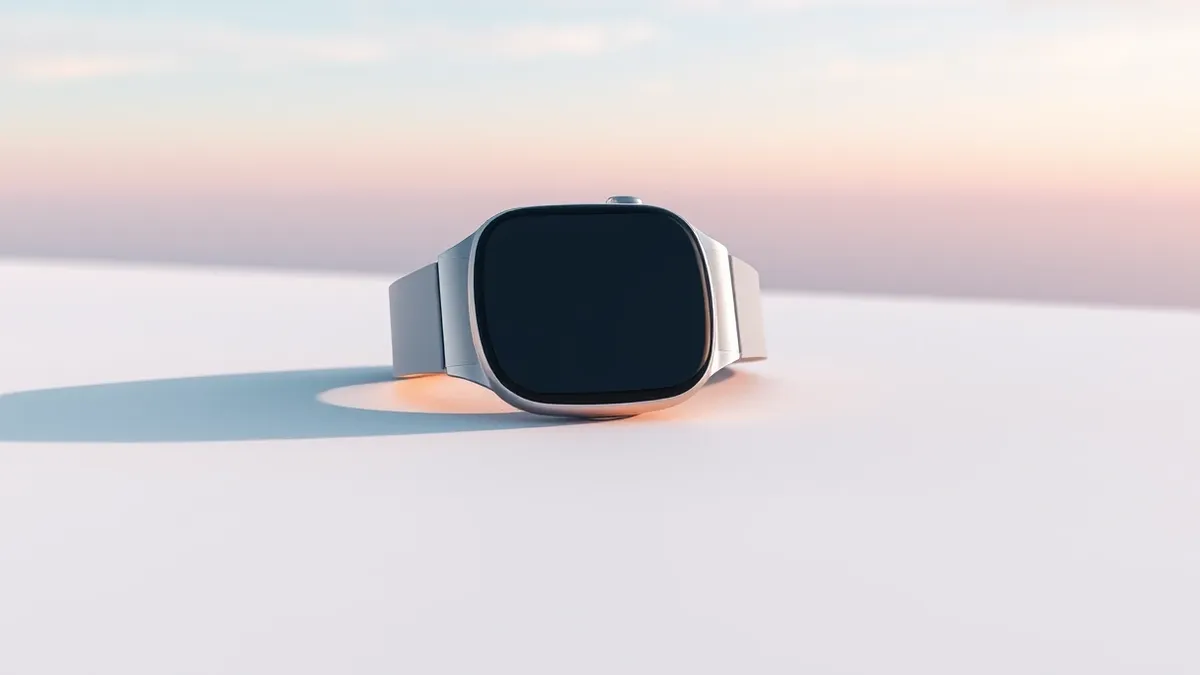 Illustration: A slim aluminum smartwatch rests on a smooth white surface, its thin profile casting a soft shadow.