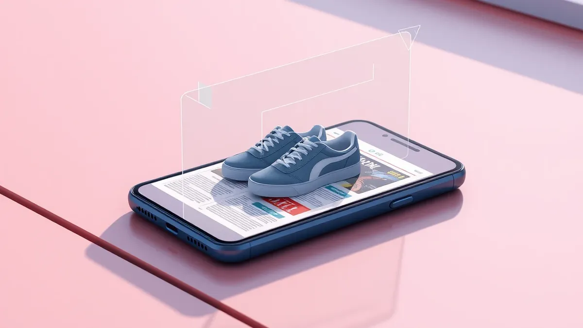 Illustration: A smartphone rests on a wooden table, its screen displaying a colorful magazine page.