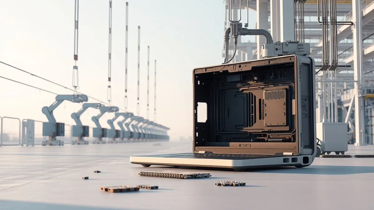 Illustration: A single laptop chassis sits isolated on a vast, empty factory floor where automated assembly arms hang motionless.