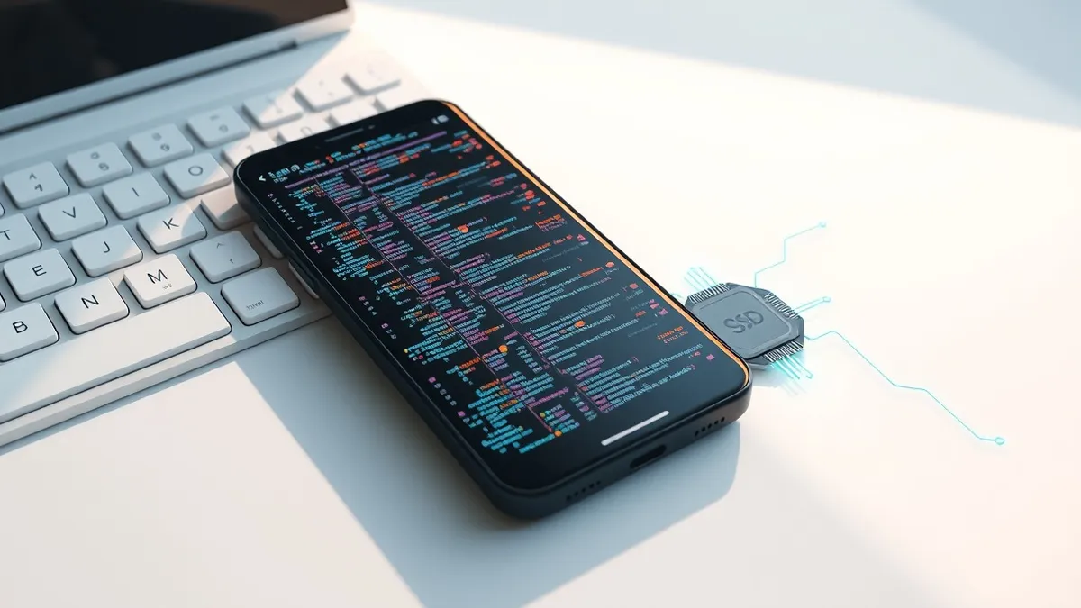 Illustration: A sleek black smartphone rests on a white desk beside a keyboard.