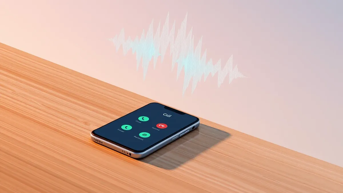 Illustration: A sleek smartphone rests on a wooden table, its screen glowing with a generic incoming call interface.