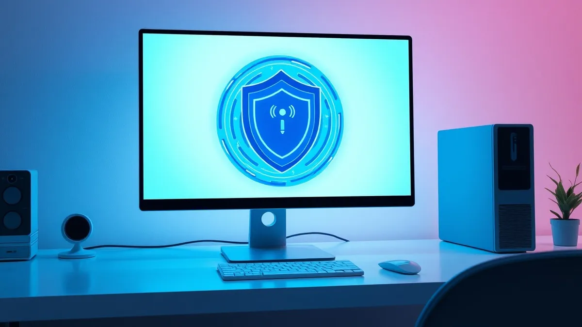Illustration: A sleek desktop computer sits on a clean desk, its monitor displaying a swirling blue digital shield that encircles a small, abstract server icon.