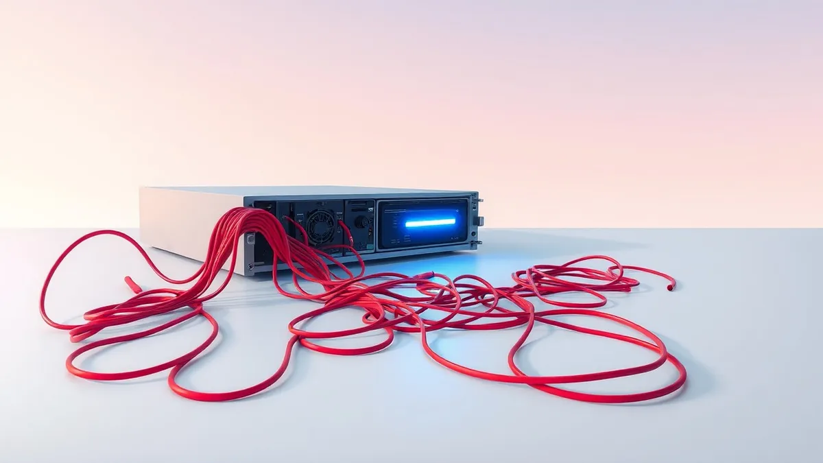 Illustration: A sleek server blade sits isolated on a sterile white table, its casing cracked open to reveal tangled red wires spilling out onto the floor.