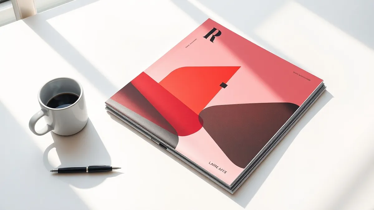 Illustration: A sleek modern magazine cover featuring bold abstract geometric shapes in dark red and black.