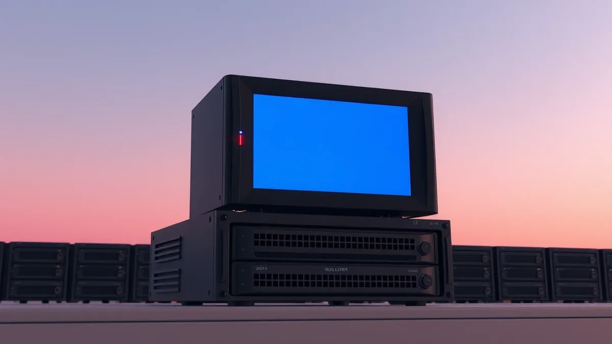 Illustration: A standalone network security appliance sits on a server shelf, its blank front panel glowing with a steady blue light.