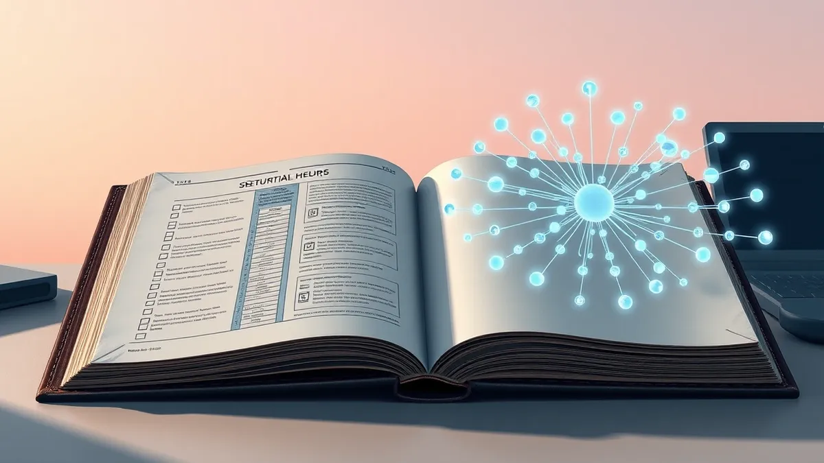 Illustration: A worn leather-bound book rests open on a desk beside a modern neural network diagram.