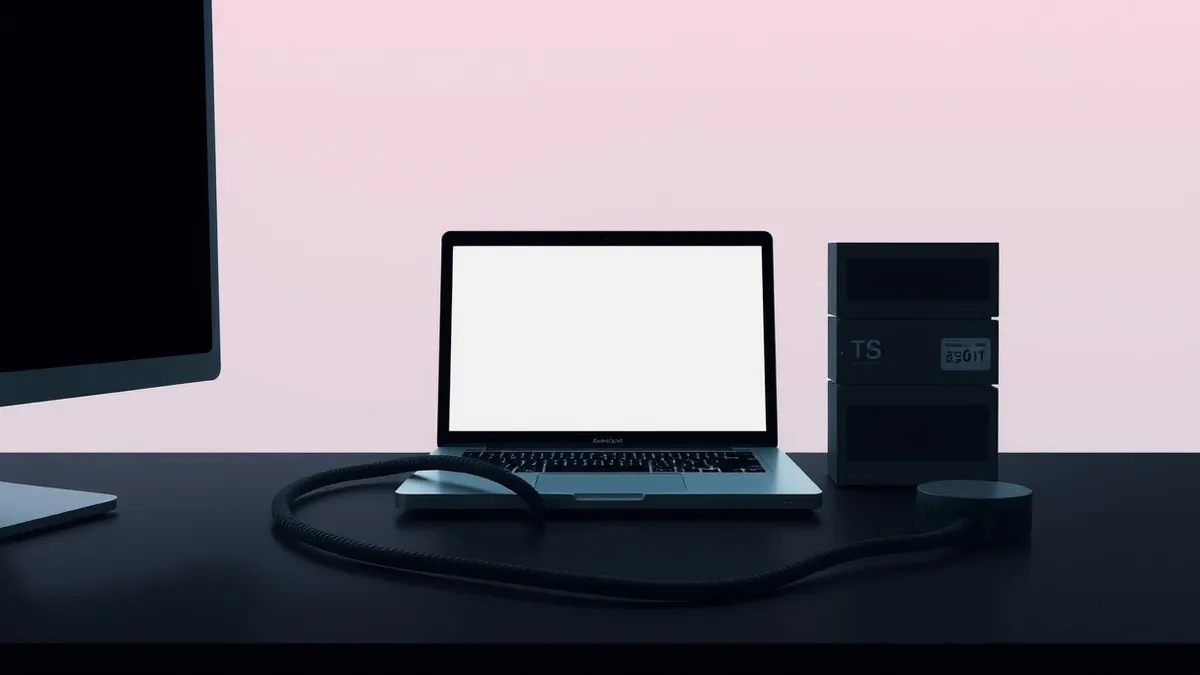 Illustration: A closed laptop sits on a dark desk, its surface reflecting harsh overhead light.