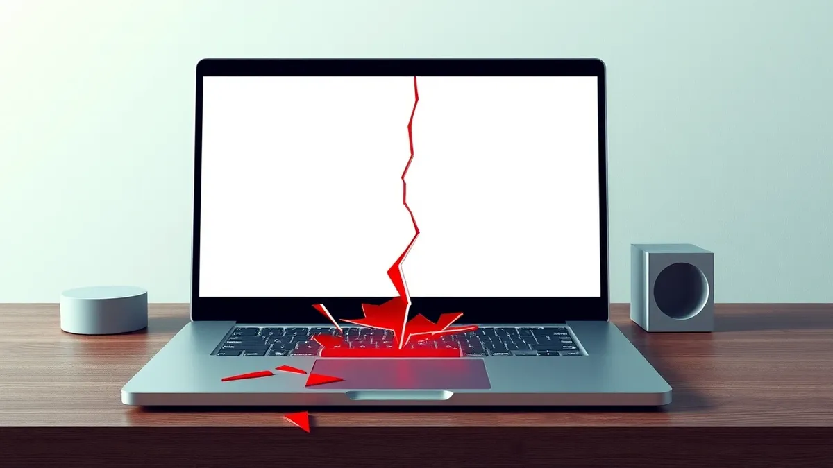 Illustration: A sleek silver laptop sits on a wooden desk, its screen displaying a blank document editing interface.