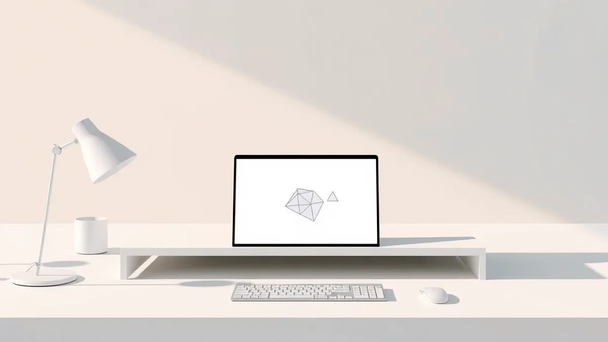 Illustration: A white office desk holds a sleek laptop with a blank screen, positioned next to a single sheet of paper covered in abstract geometric shapes.