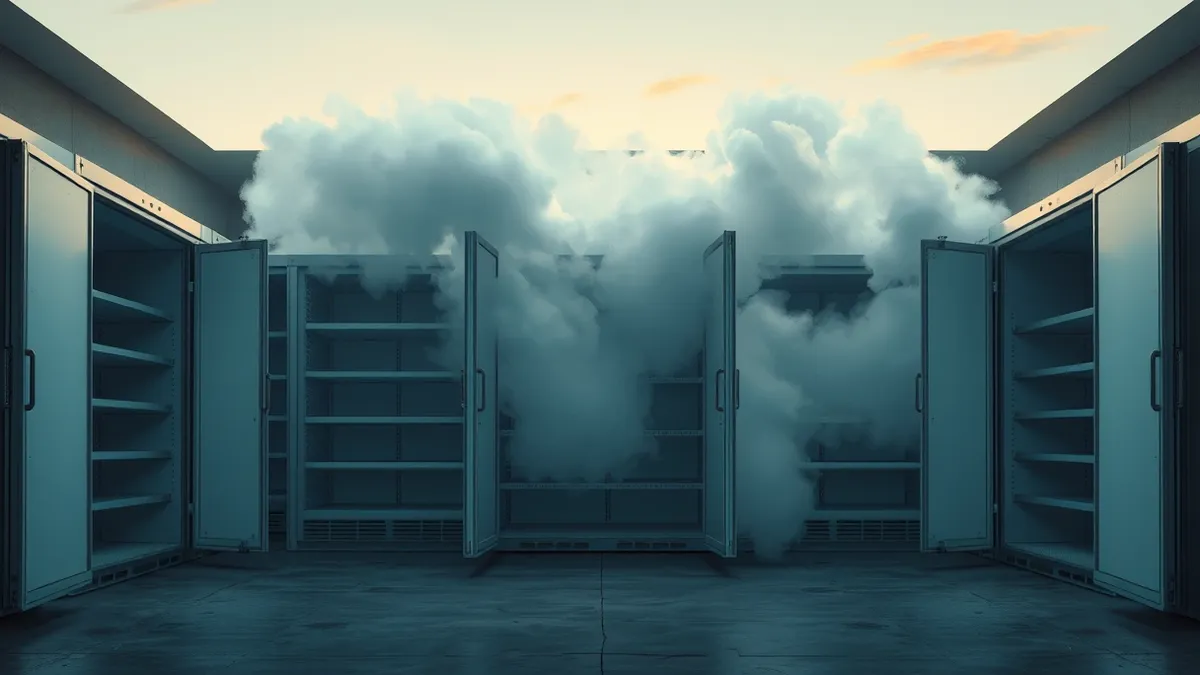Illustration: A row of commercial refrigeration units sits in a dimly lit storage room with doors wide open.