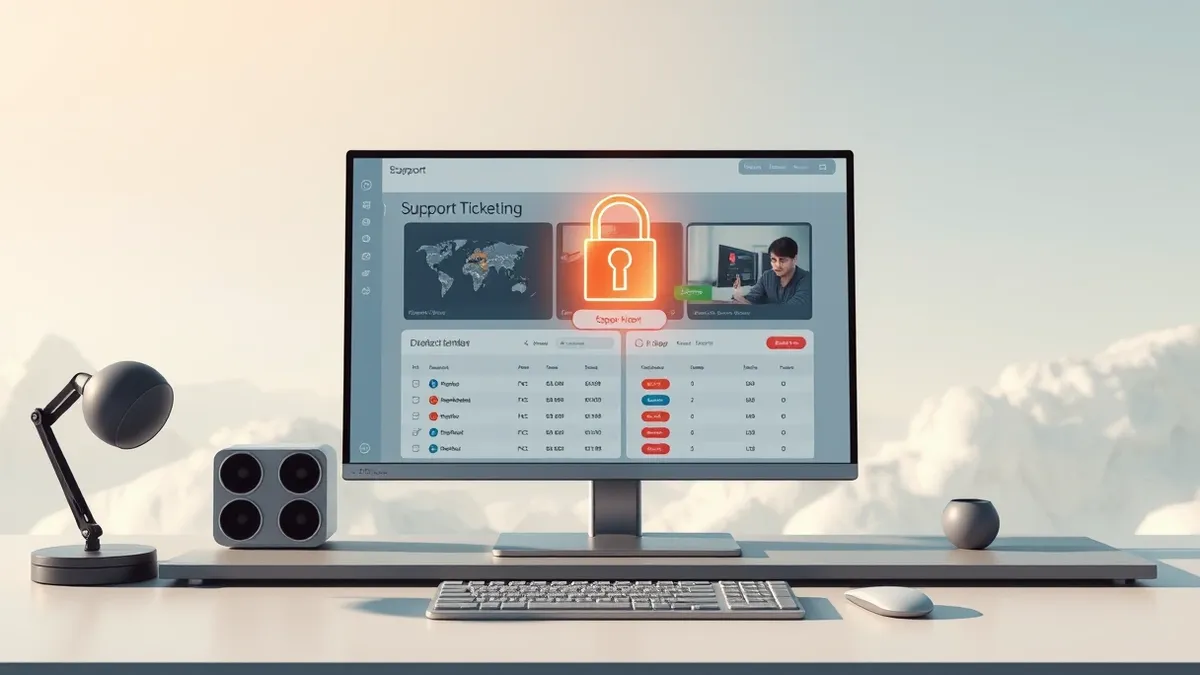 Illustration: A sleek support ticketing interface sits on a desk, its login screen bypassed by a single, glowing keyhole icon hovering in midair.
